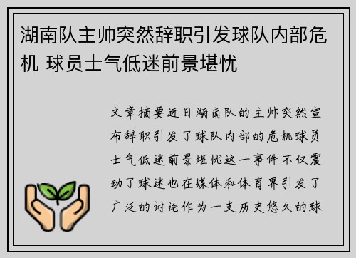 湖南队主帅突然辞职引发球队内部危机 球员士气低迷前景堪忧