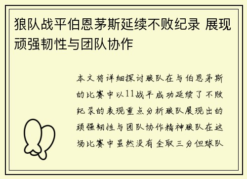 狼队战平伯恩茅斯延续不败纪录 展现顽强韧性与团队协作