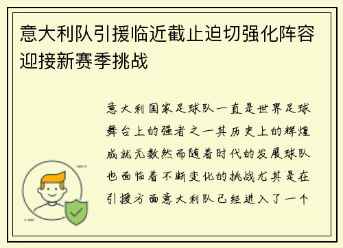 意大利队引援临近截止迫切强化阵容迎接新赛季挑战